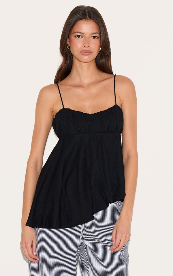 Black Linen Blend Puff Ball Asymmetric Cami