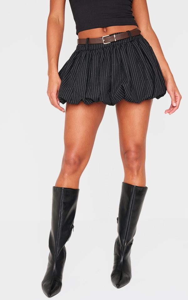 Black Herringbone Print Belted Tailored Puffball Mini Skirt