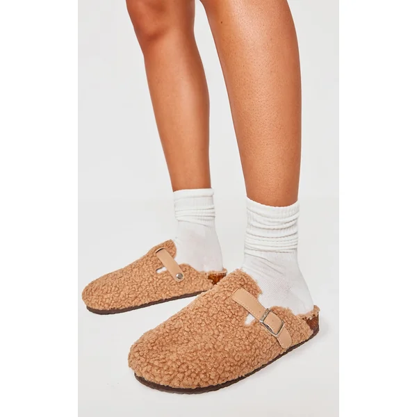 Camel Borg Round Toe Buckle Mule Clogs