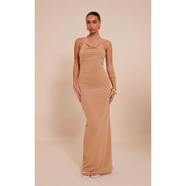 Camel Chiffon Halterneck Low Back Maxi Dress