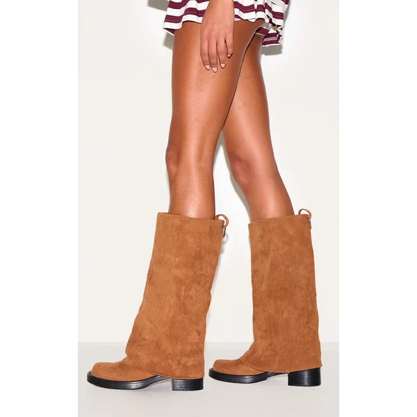 Camel Faux Suede Block Heeled Fold Over Knee High Boots