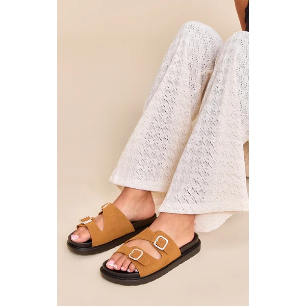 Camel Faux Suede Double Buckle Footbed Sandals