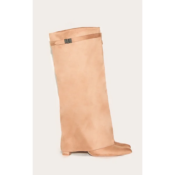 Camel Faux Suede Point Toe Fold Over Knee Block Heeled Boots
