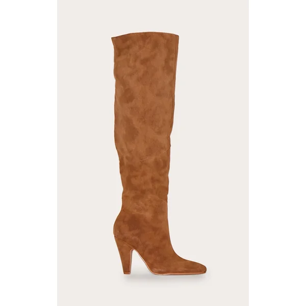 Camel Faux Suede Point Toe Over The Knee Heeled Boot