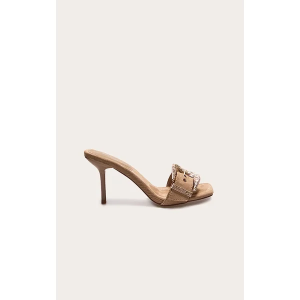 Camel Faux Suede Square Toe Western Buckle High Stiletto Heeled Mules