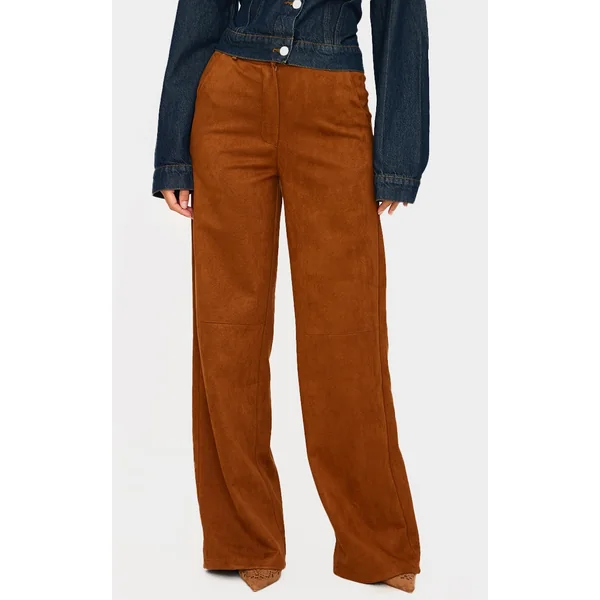 Camel Faux Suede Tailored Straight Leg Pants