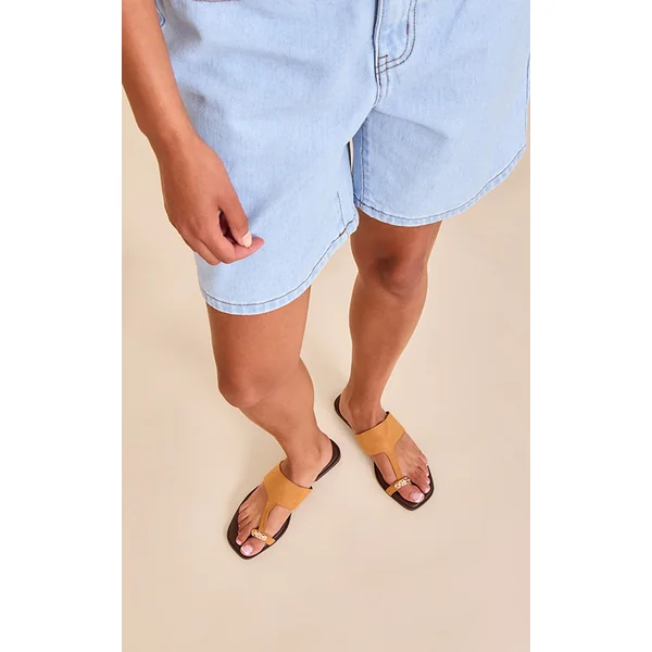 Camel Faux Suede Toe Thong Gold Hardware Sandal