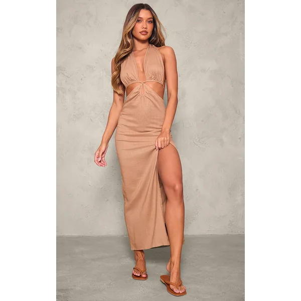 Camel Halterneck Backless Maxi Dress