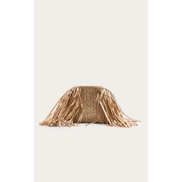 Camel Slouchy Raffia Fringe Clutch