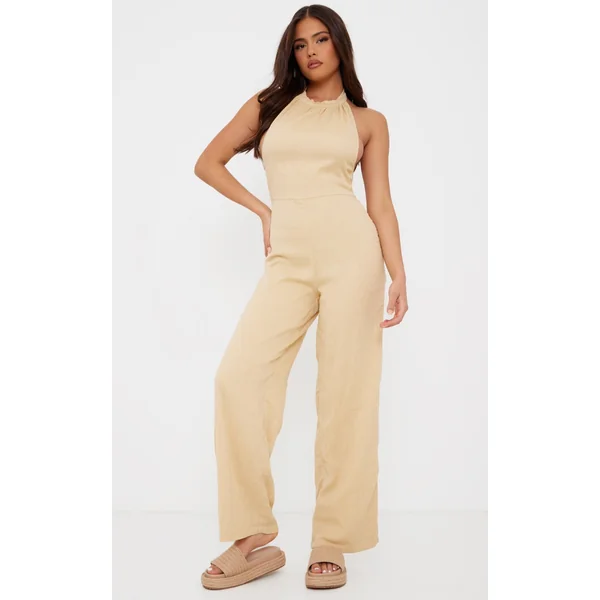 Camel Textured Halterneck Low Back Jumpsuit