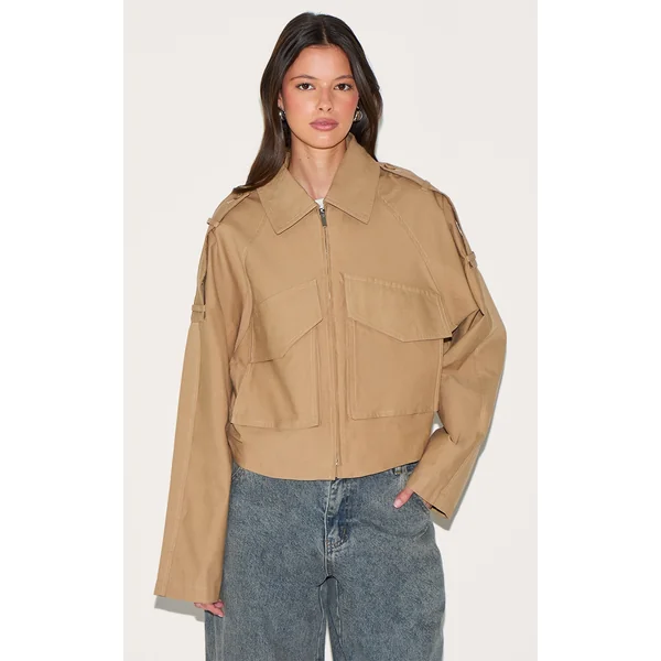 Camel Trench Detail Cropped Zip Up Jacket