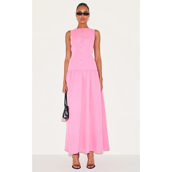 Candy Pink Button Down Drop Waist Maxi Dress