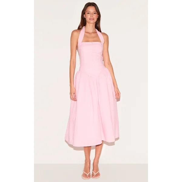 Candy Pink Embroidered Cotton Halterneck Midaxi Dress