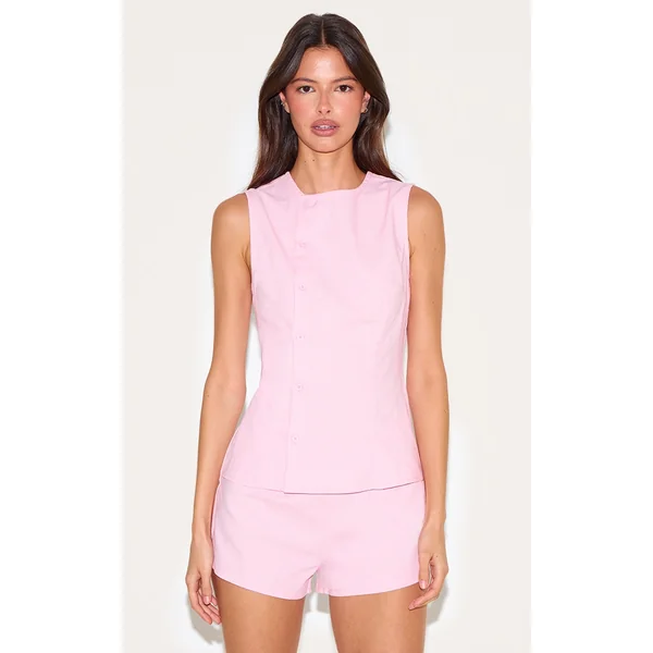 Candy Pink Linen Asymmetric Button Down Romper