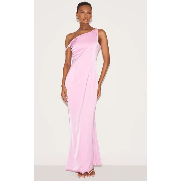 Candy Pink Satin Asymmetric Bardot Twist Maxi Dress