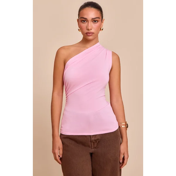 Candy Pink Soft Cotton Asymmetric One Shoulder Long Top