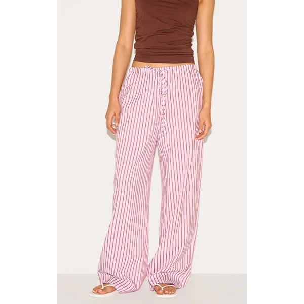 Candy Pink Striped Drawstring Straight Leg Pants