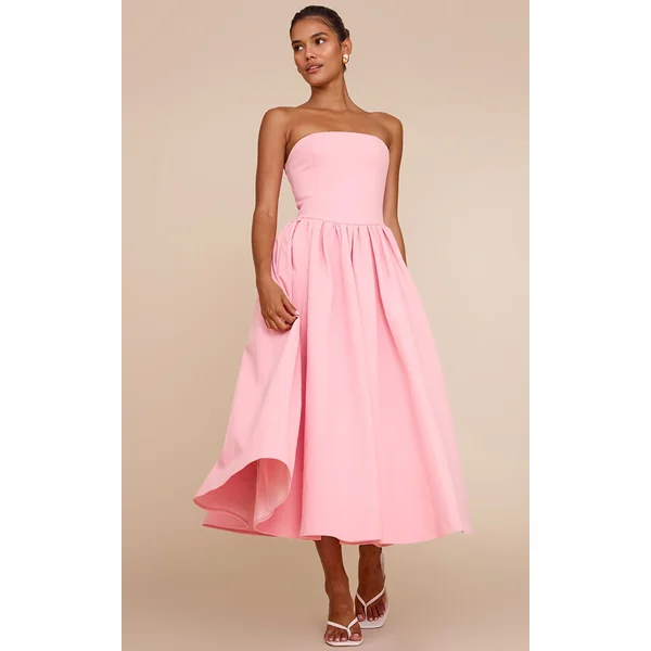 Candy Pink Woven Bandeau Ruched Skater Midaxi Dress