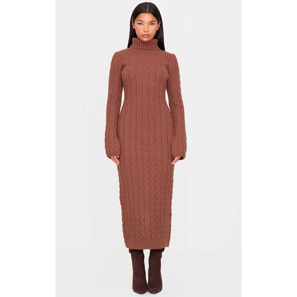 Cappuccino Chunky Cable Knit Roll Neck Maxi Sweater Dress