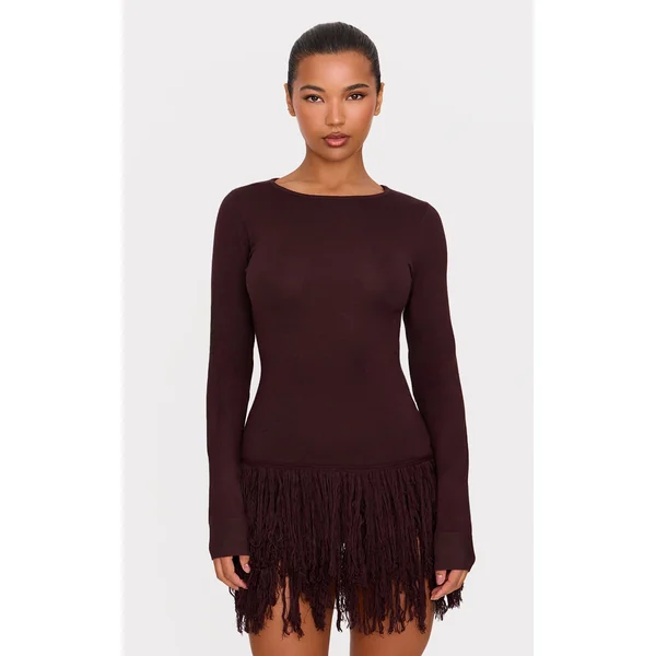Cappuccino Fine Knit Fringe Hem Long Sleeve Micro Mini Dress