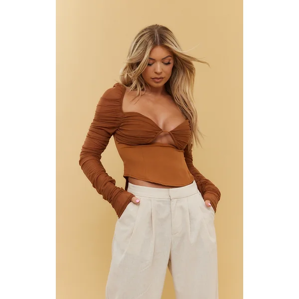 Caramel Mesh Cup Detail Ruched Sleeve Corset