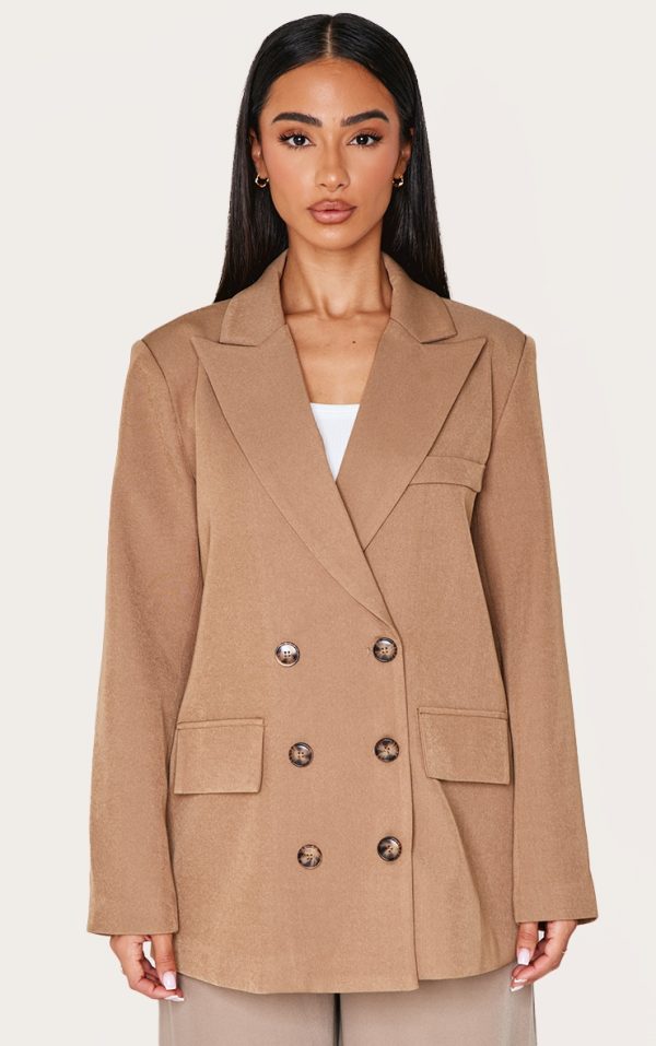 Petite Taupe Premium Double Breasted Button Detail Blazer