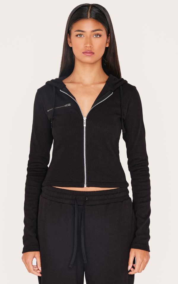 Black Zip Up Ribbed Track Top
