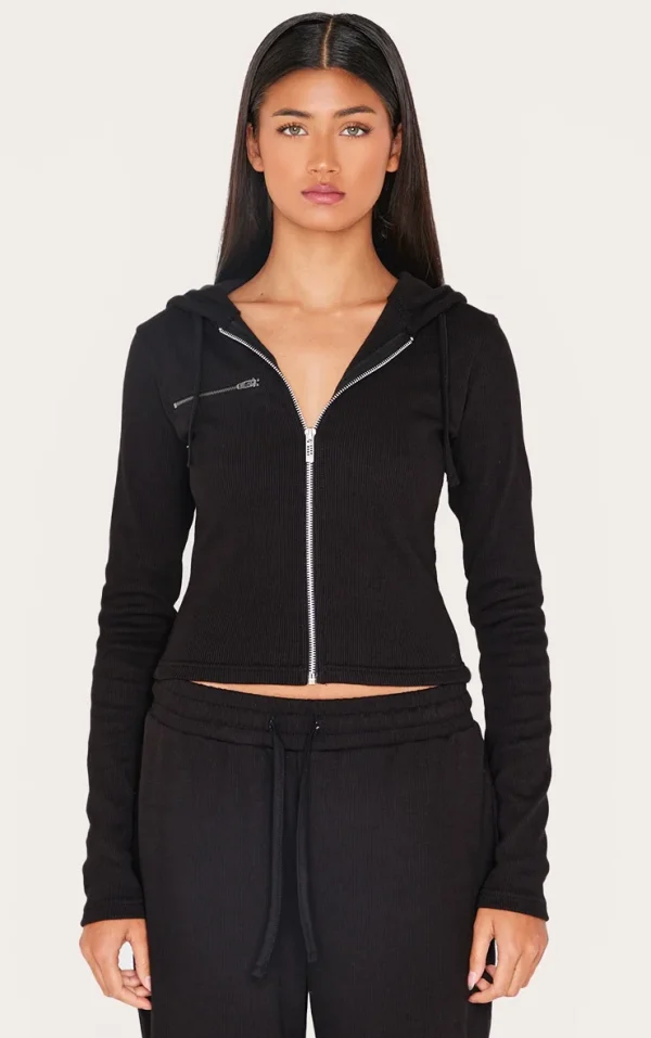 Black Zip Up Ribbed Track Top