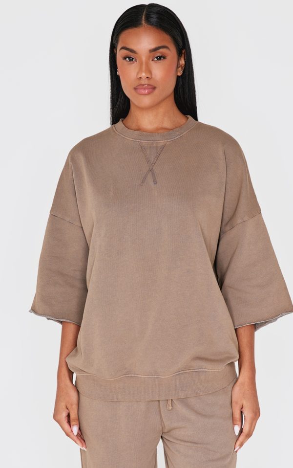Brown Vintage Wash Oversized Short Sleeve Sweatshirt