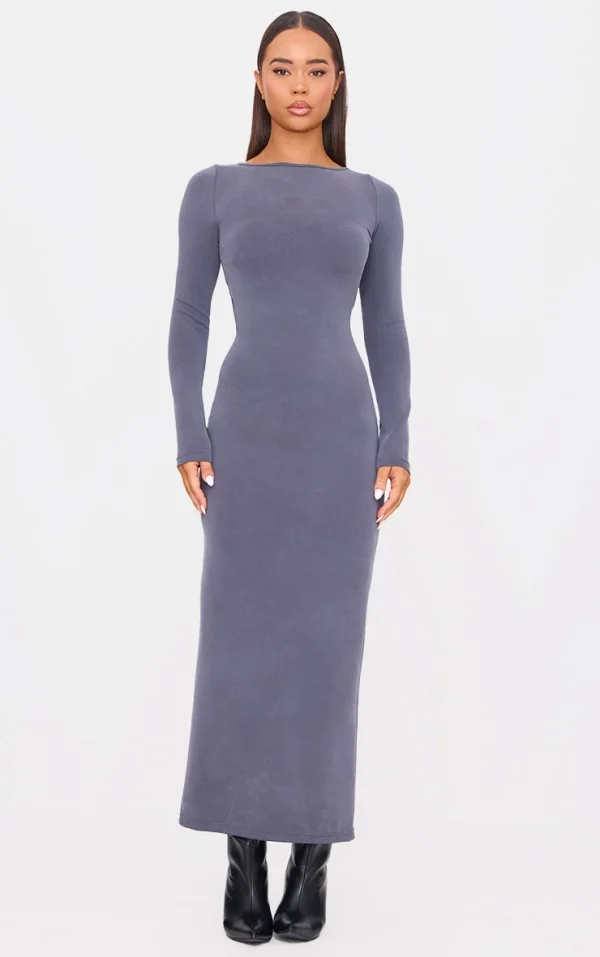 Charcoal Premium Contour Boat Neck Maxi Dress
