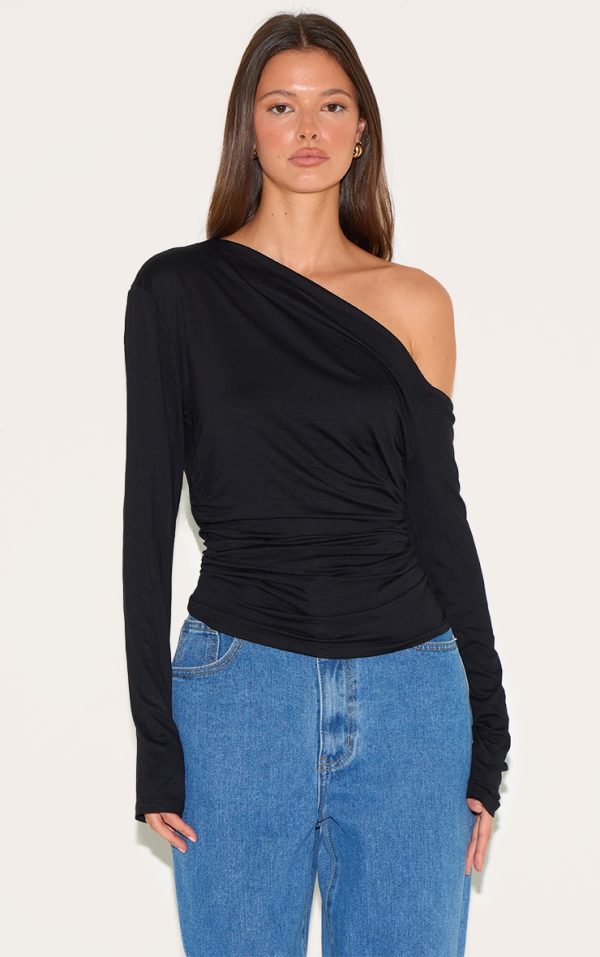 Black Soft Cotton Asymmetric Ruched Long Sleeve Top