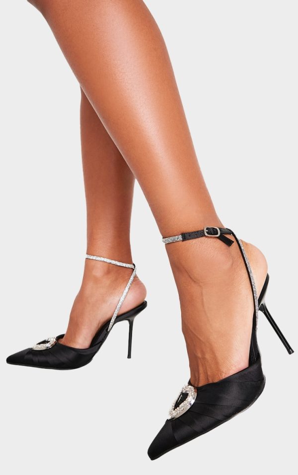 Black Satin Point Toe Diamante Heart Court Heels