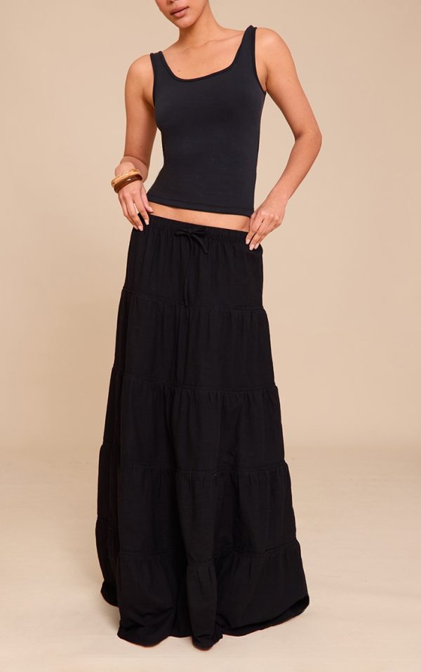 Black Cotton Tiered Drawstring Waist Maxi Skirt
