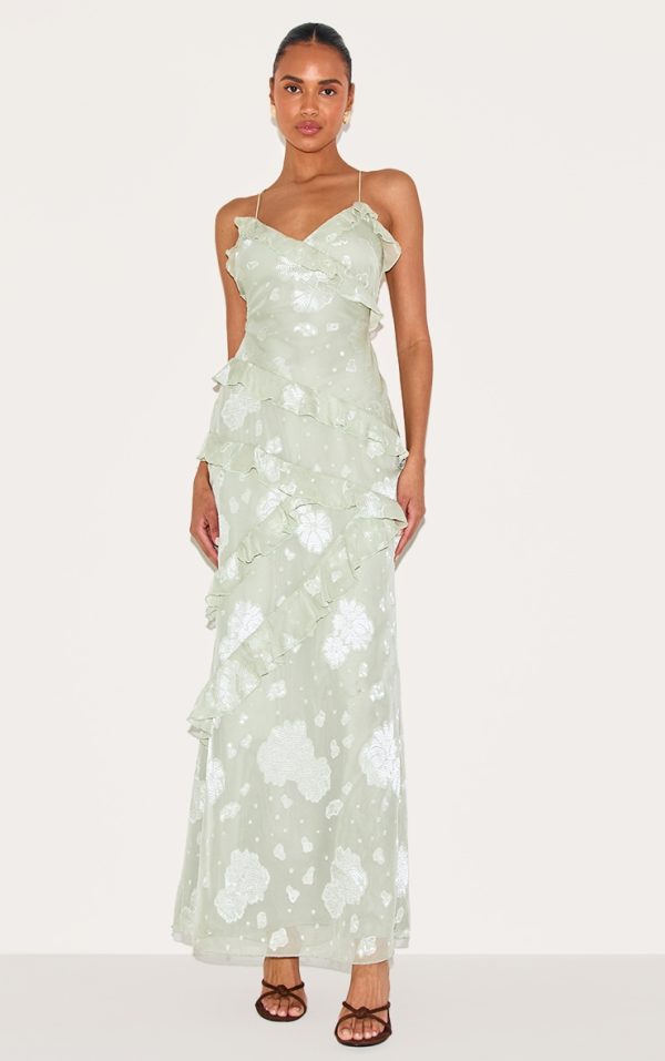 Sage Green Embroidered Frill Maxi Dress