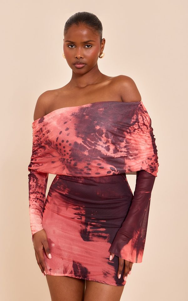 Pink Leopard Print Lined Mesh Long Sleeve Mini Dress