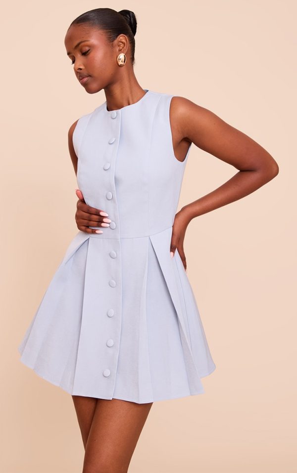 Light Blue Tailored Woven Button Down Pleated Shift Dress