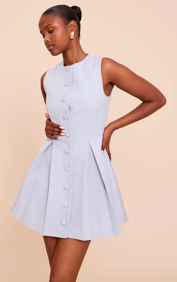 Light Blue Tailored Woven Button Down Pleated Shift Dress