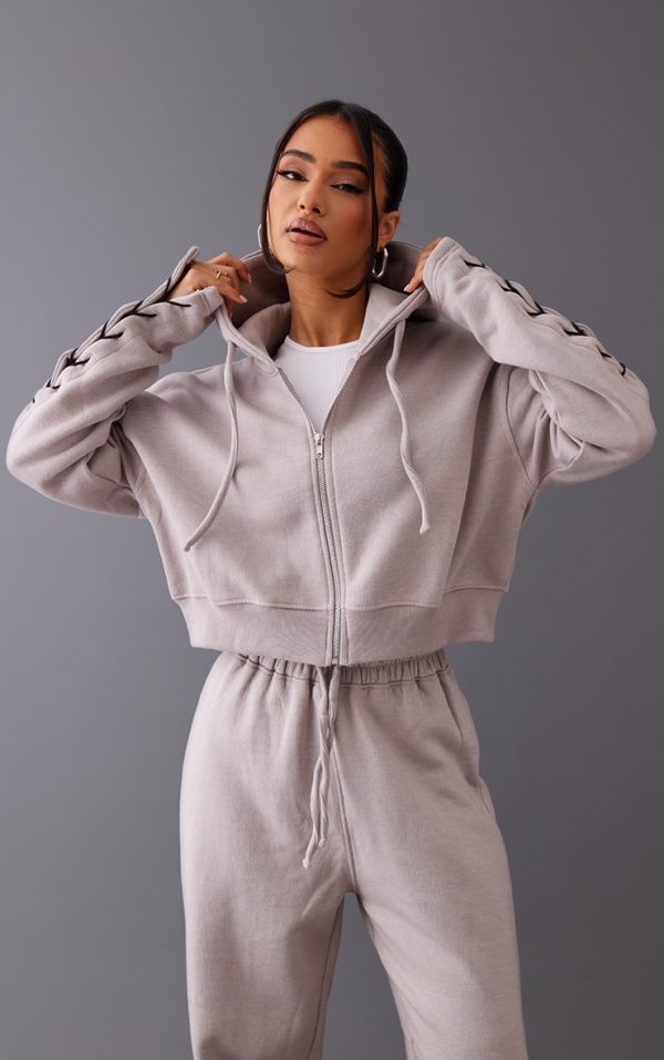 Petite Ash Grey Cropped Zip Up Hoodie