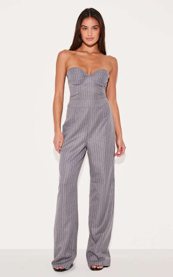 Grey Pinstripe Bandeau Corset Straight Leg Jumpsuit