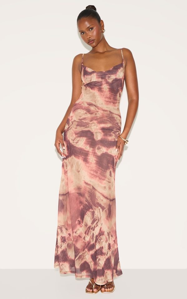 Purple Abstract Print Cowl Neck Maxi Dress