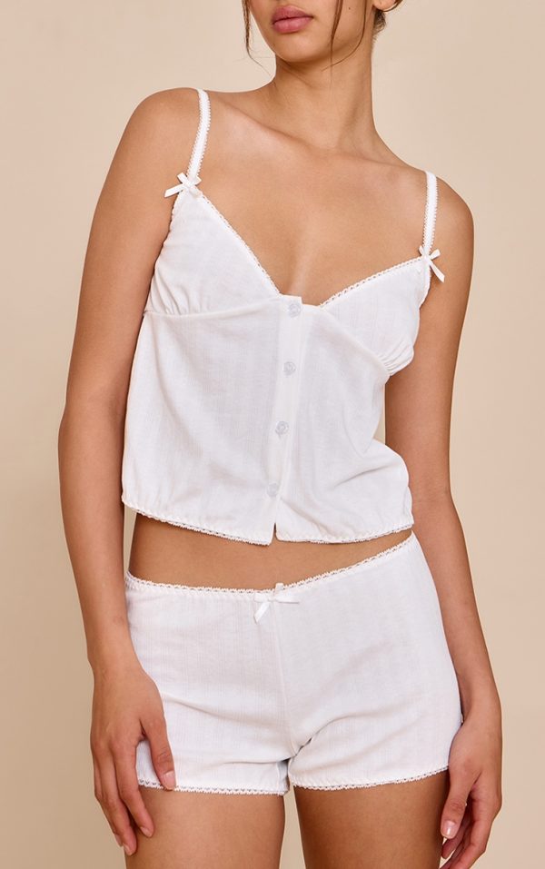 White Pointelle Bow Detail Cami Short Pj Set