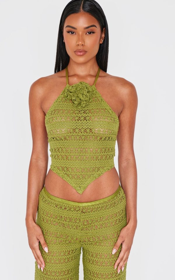 Khaki Crochet Flower Detail Halterneck Beach Top