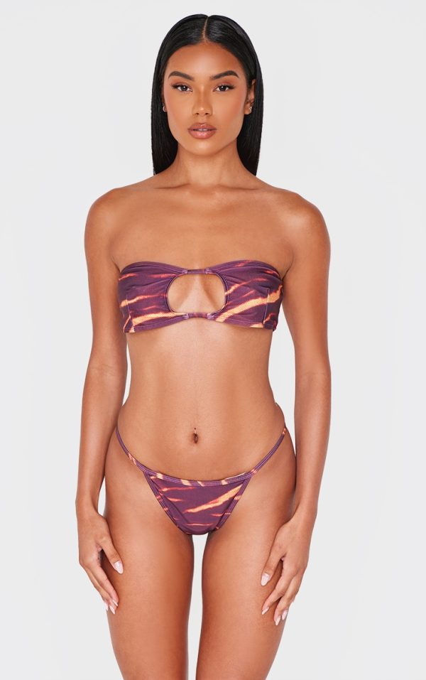 Burgundy Abstract Print Bandeau Cut Out Bikini Top