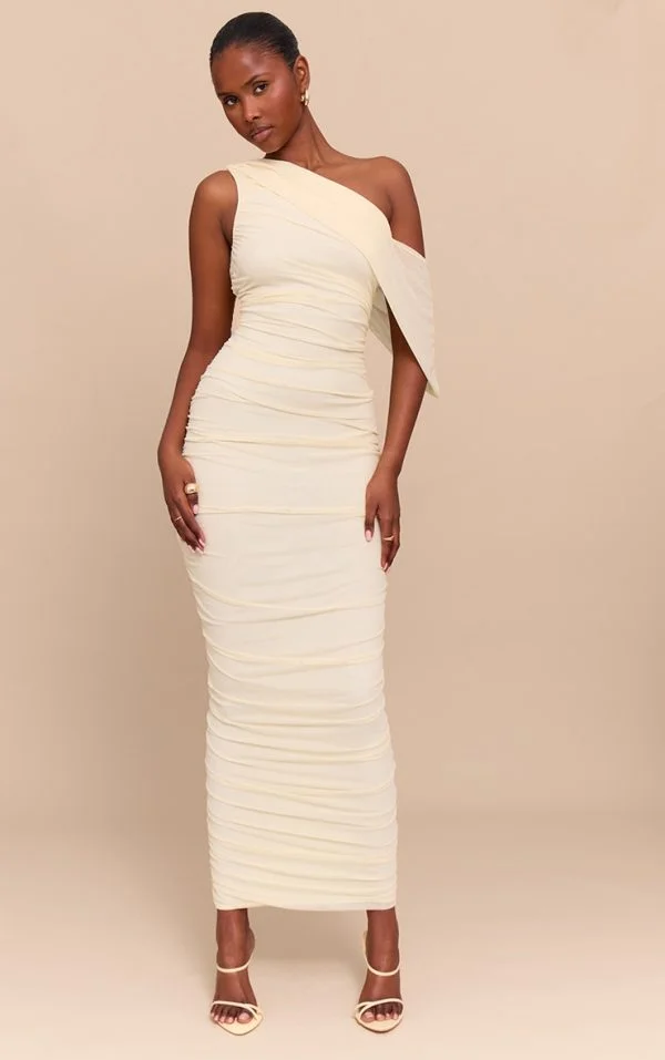 Almond Mesh Overlay One Shoulder Ruched Maxi Dress