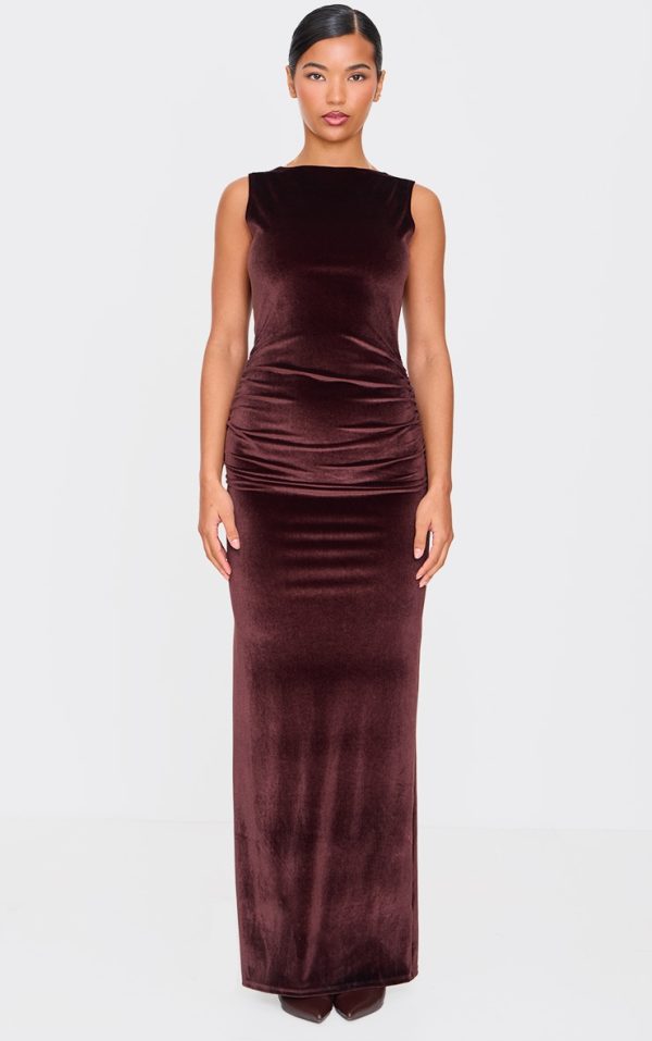 Chocolate Velvet Boat Neck Maxi Dress