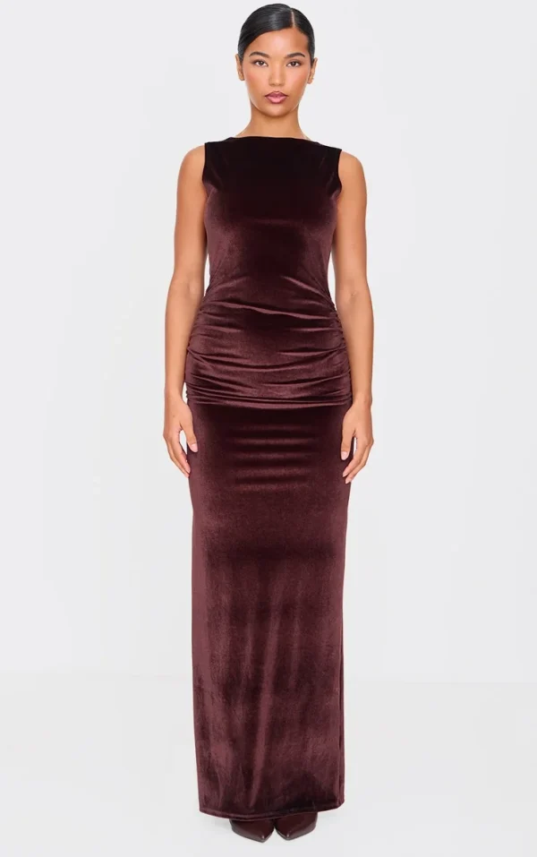 Chocolate Velvet Boat Neck Maxi Dress