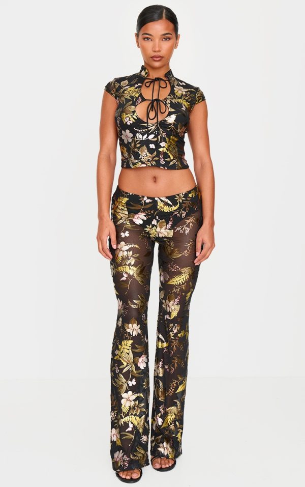 Black Floral Foil Printed Mesh Flare Pants
