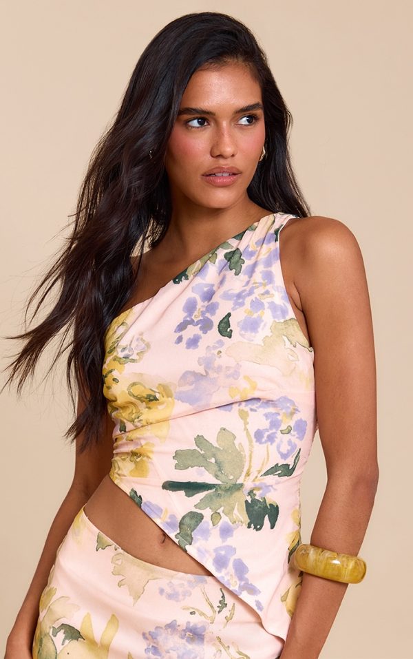 Nude Floral Print Chiffon Asymmetric Top