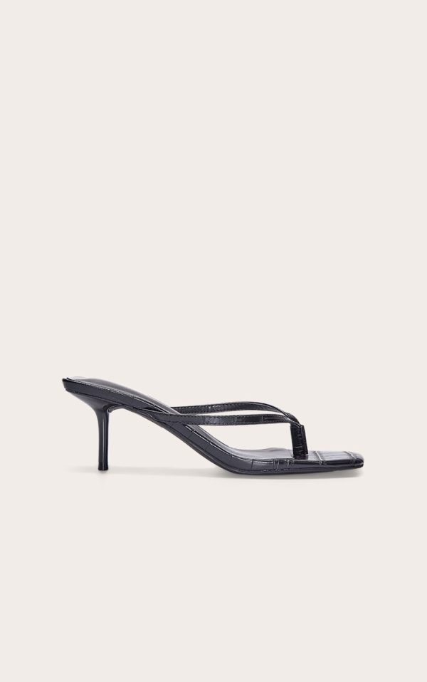 Black Pu Square Toe Thong Mid Stiletto Heeled Mules