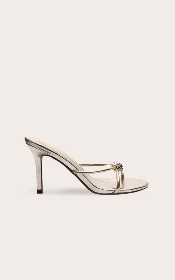 Gold Metallic PU Knotted Mid Heeled Mule Sandals